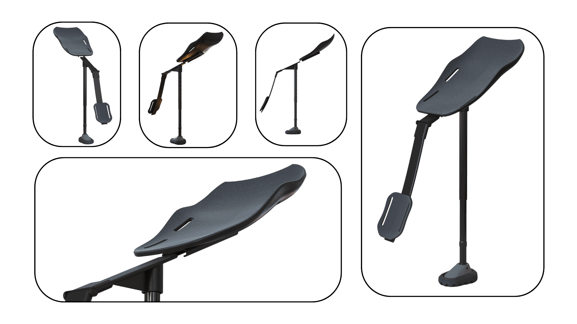 RevoStep Prototype 2 concept render — redesigned seat, calf rest, and removable body shown from multiple angles